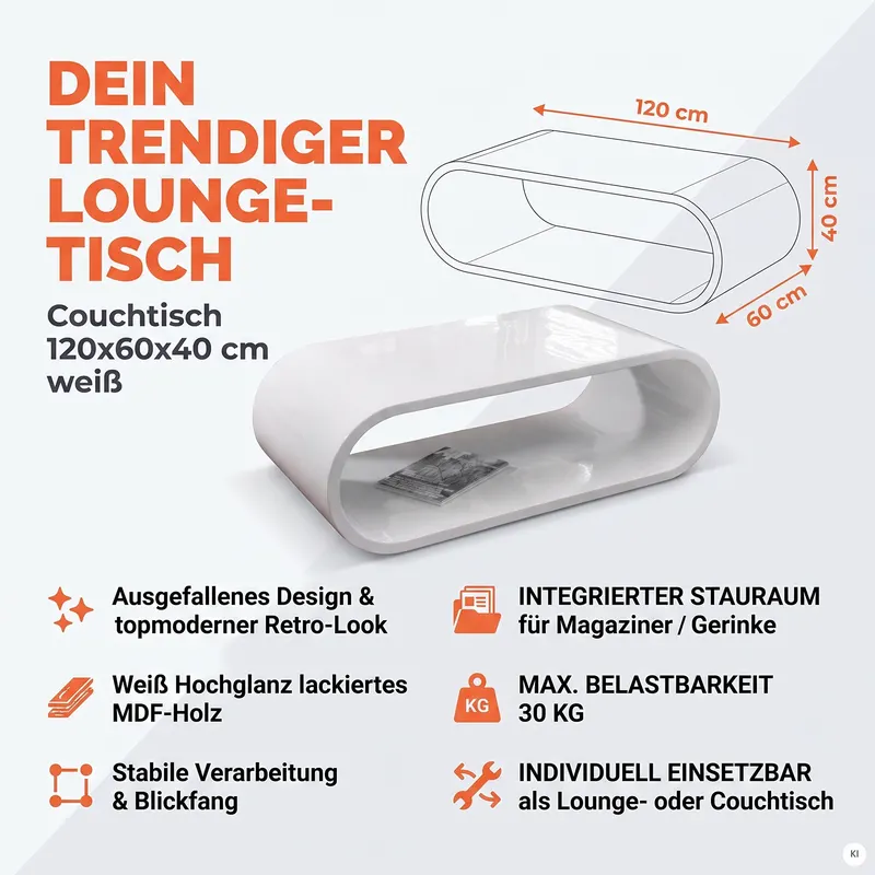 Couchtisch 120 × 60 × 40 cm, weiß hochglanz lackiert, Ansicht 4