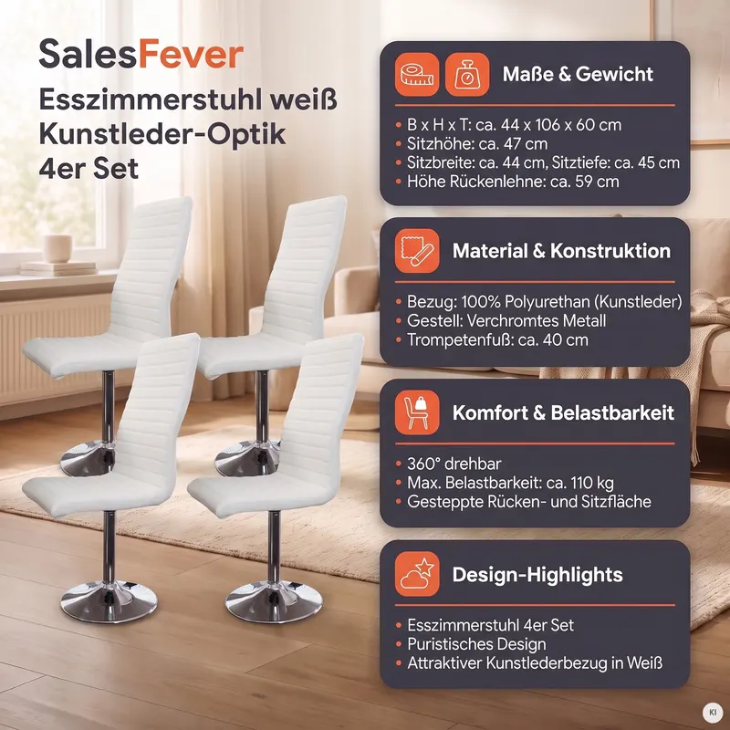Esszimmerstuhl-Set, 4 Stück, weiß in Kunstleder-Optik, Ansicht 15