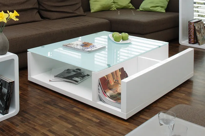 Couchtisch Weiß mit Sicherheitsglas, 100 × 100 cm, Ansicht 4