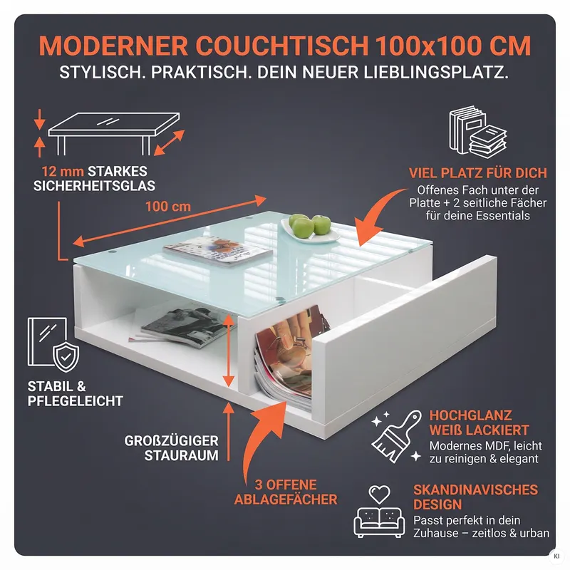 Couchtisch Weiß mit Sicherheitsglas, 100 × 100 cm, Ansicht 7
