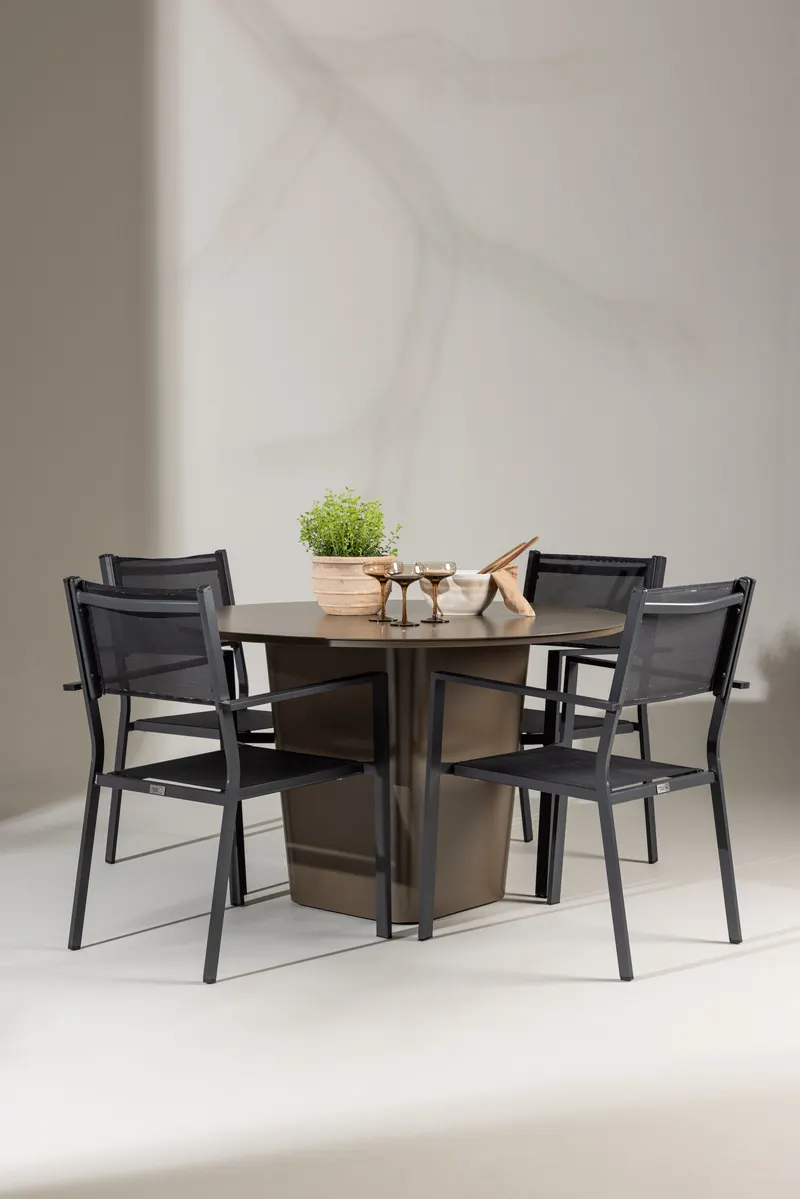 Santa Fe & Copacabana Gartenmöbel-Set mit rundem Sockeltisch und 4 Stühlen in Schwarz, im Wohnraum, Ansicht 1