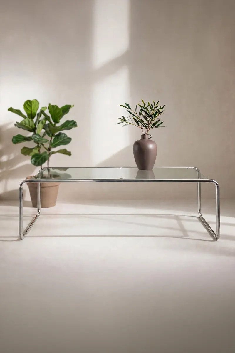 Saturnus Glas-Couchtisch, im Wohnraum, Ansicht 1