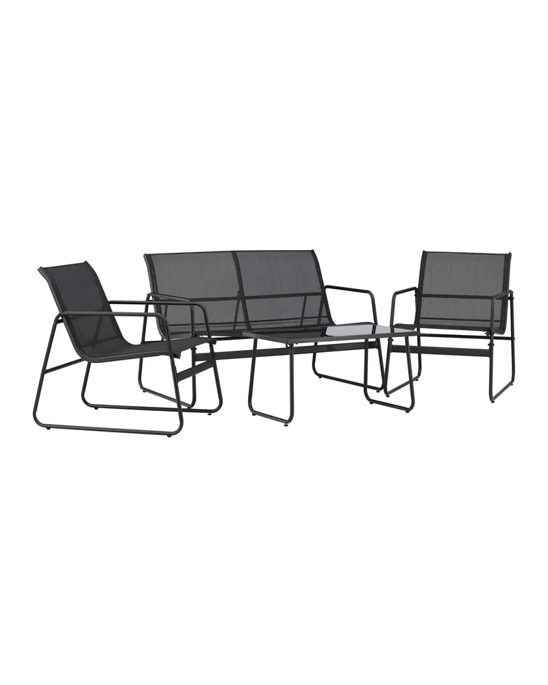 Scopello Gartenlounge mit Sofa, zwei Kufensesseln und Glastisch in Table:75 × 44,5 × 41Chair:71 × 56 × 75Sofa:71 × 110 × 75 cm, Schwarz, Ansicht 12