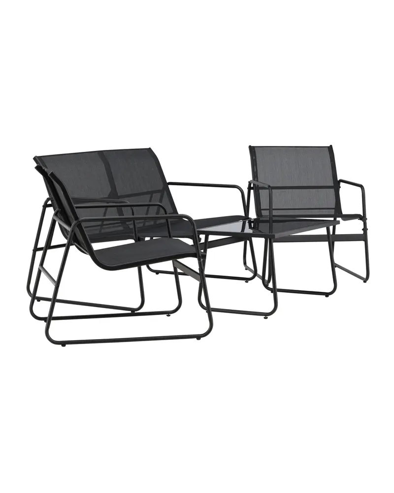 Scopello Gartenlounge mit Sofa, zwei Kufensesseln und Glastisch in Table:75 × 44,5 × 41Chair:71 × 56 × 75Sofa:71 × 110 × 75 cm, Schwarz, Ansicht 2