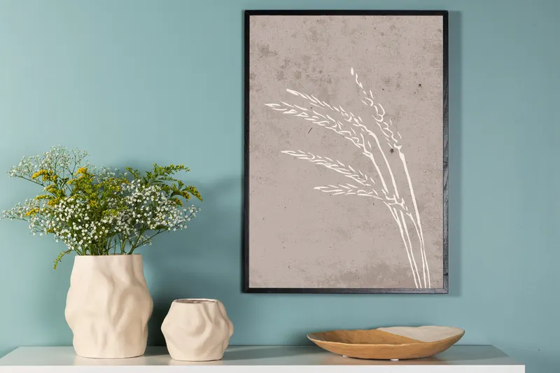 Seeds Poster mit Line-Art-Gräsern und Ähren in 70 × 50 cm, im Wohnraum, Ansicht 2