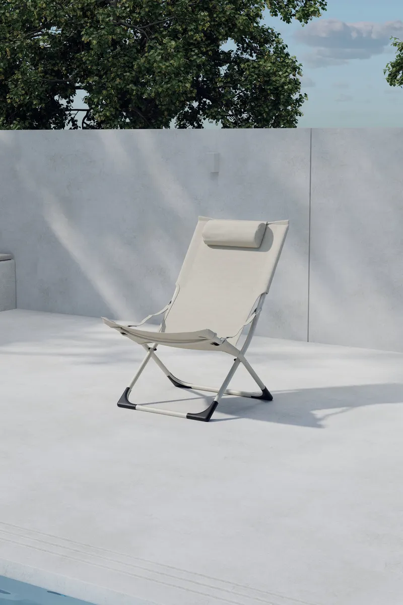 Seville klappbarer Liegestuhl mit Kopfkissen in Beige, Polyester, PVC, im Wohnraum