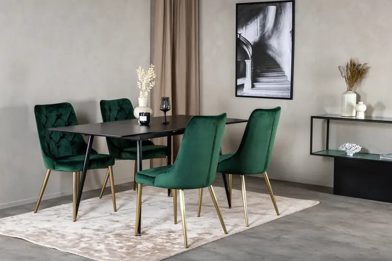 Silar & Velvet Deluxe Essgruppe mit rechteckigem Esstisch und 4 Samtstühlen mit Knopfheftung in Grün, Gestell Gold, im Wohnraum, Ansicht 2