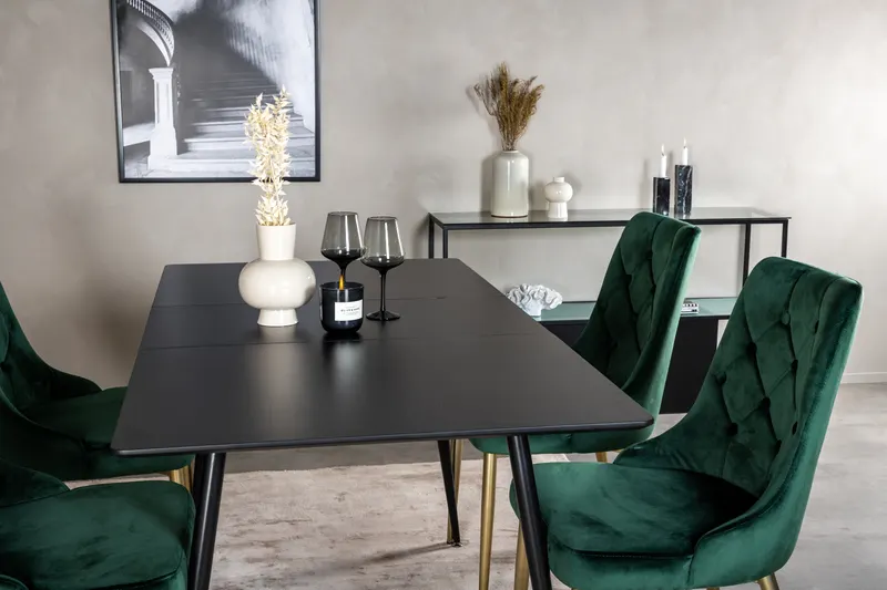Silar & Velvet Deluxe Essgruppe mit rechteckigem Esstisch und 4 Samtstühlen mit Knopfheftung in Grün, Gestell Gold, im Wohnraum, Ansicht 4