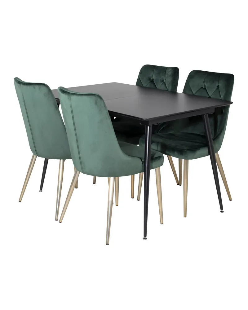 Silar & Velvet Deluxe Essgruppe mit rechteckigem Esstisch und 4 Samtstühlen mit Knopfheftung in Grün, Gestell Gold, Ansicht 2