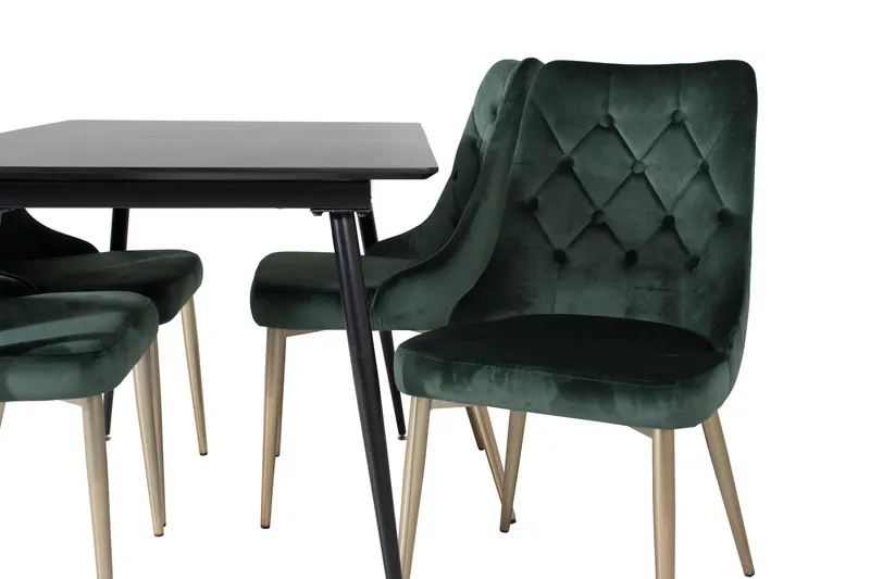 Silar & Velvet Deluxe Essgruppe mit rechteckigem Esstisch und 4 Samtstühlen mit Knopfheftung in Grün, Gestell Gold, Ansicht 3