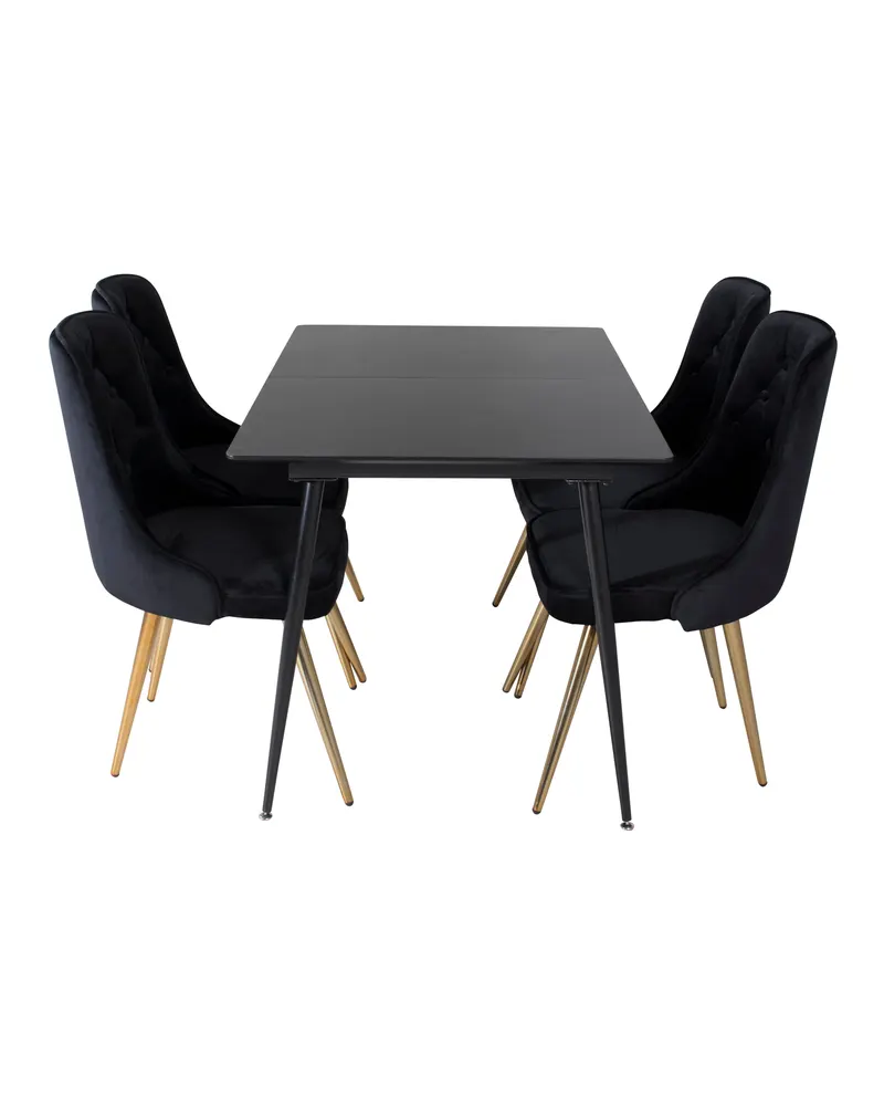 Silar & Velvet Deluxe Essgruppe mit rechteckigem Esstisch und 4 Samtstühlen mit Knopfheftung in Schwarz, Gestell Gold, Ansicht 1