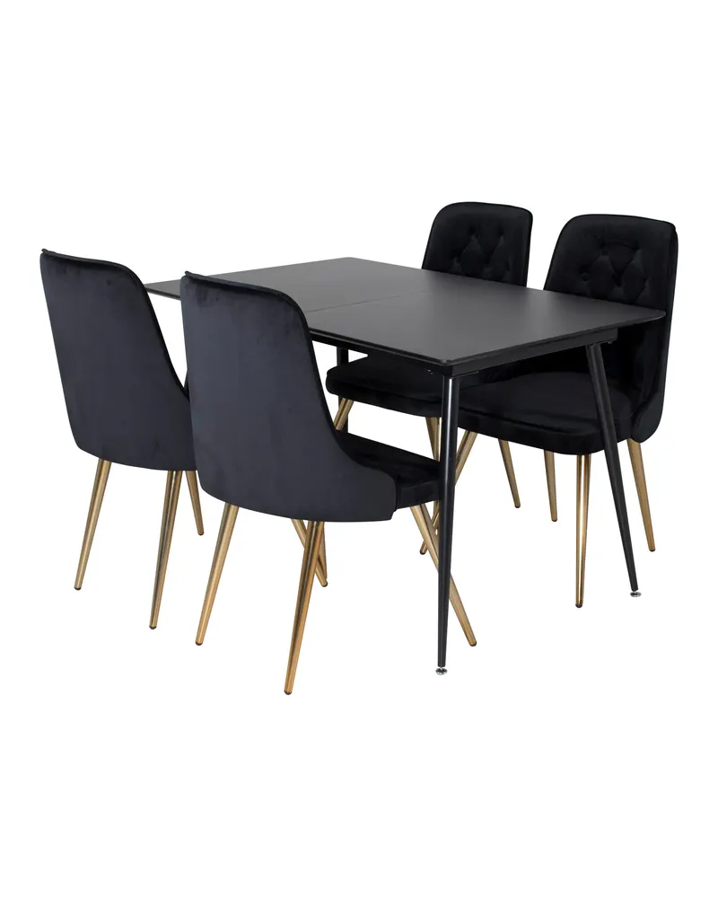 Silar & Velvet Deluxe Essgruppe mit rechteckigem Esstisch und 4 Samtstühlen mit Knopfheftung in Schwarz, Gestell Gold, Ansicht 2