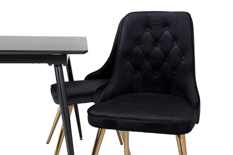 Silar & Velvet Deluxe Essgruppe mit rechteckigem Esstisch und 4 Samtstühlen mit Knopfheftung in Schwarz, Gestell Gold, Ansicht 3