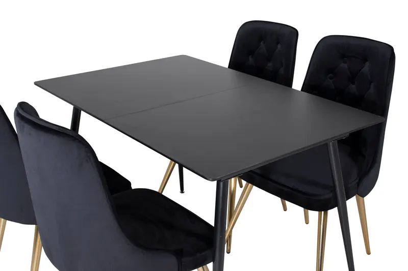 Silar & Velvet Deluxe Essgruppe mit rechteckigem Esstisch und 4 Samtstühlen mit Knopfheftung in Schwarz, Gestell Gold, Ansicht 4