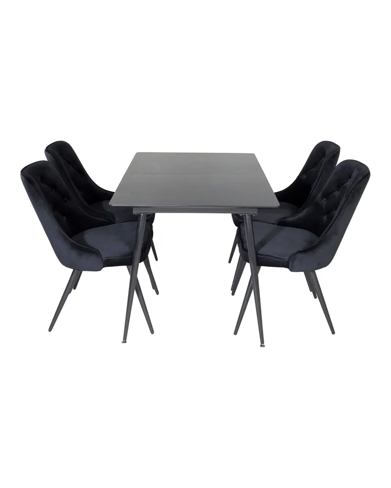 Silar & Velvet Deluxe Essgruppe mit rechteckigem Esstisch und 4 Samtstühlen mit Knopfheftung in Schwarz, Ansicht 1