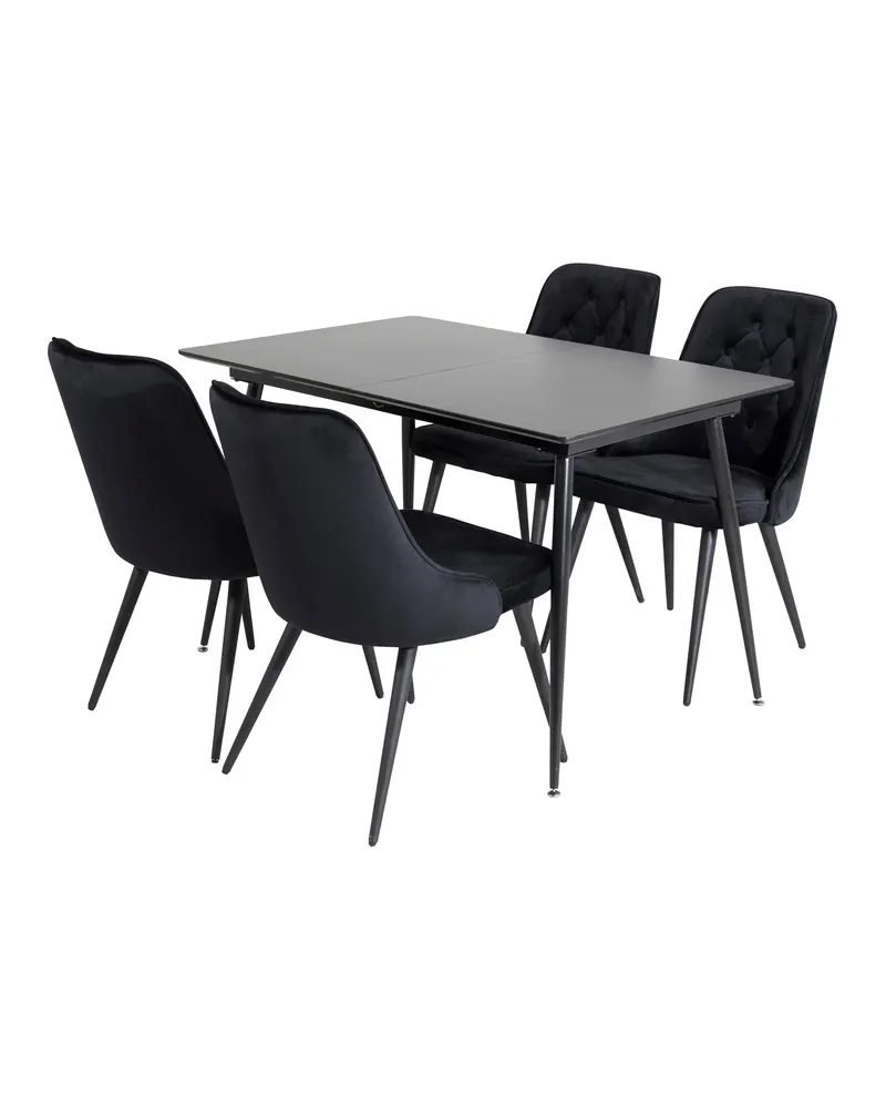 Silar & Velvet Deluxe Essgruppe mit rechteckigem Esstisch und 4 Samtstühlen mit Knopfheftung in Schwarz, Ansicht 2