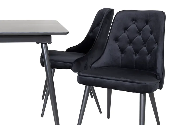 Silar & Velvet Deluxe Essgruppe mit rechteckigem Esstisch und 4 Samtstühlen mit Knopfheftung in Schwarz, Ansicht 3