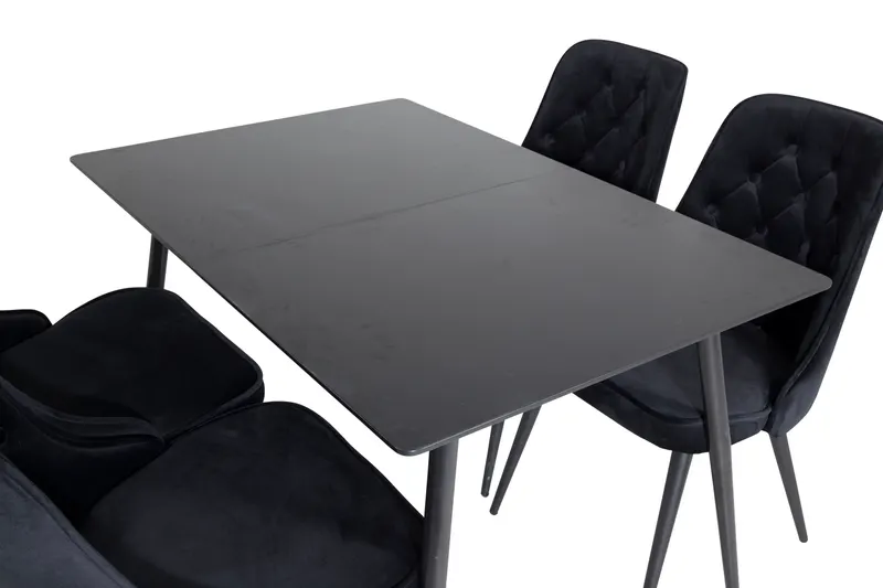 Silar & Velvet Deluxe Essgruppe mit rechteckigem Esstisch und 4 Samtstühlen mit Knopfheftung in Schwarz, Ansicht 4