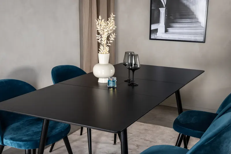 Silar & Velvet Essgruppe mit rechteckigem Esstisch und 4 Samtstühlen in Blau, Gestell Schwarz, im Wohnraum, Ansicht 4