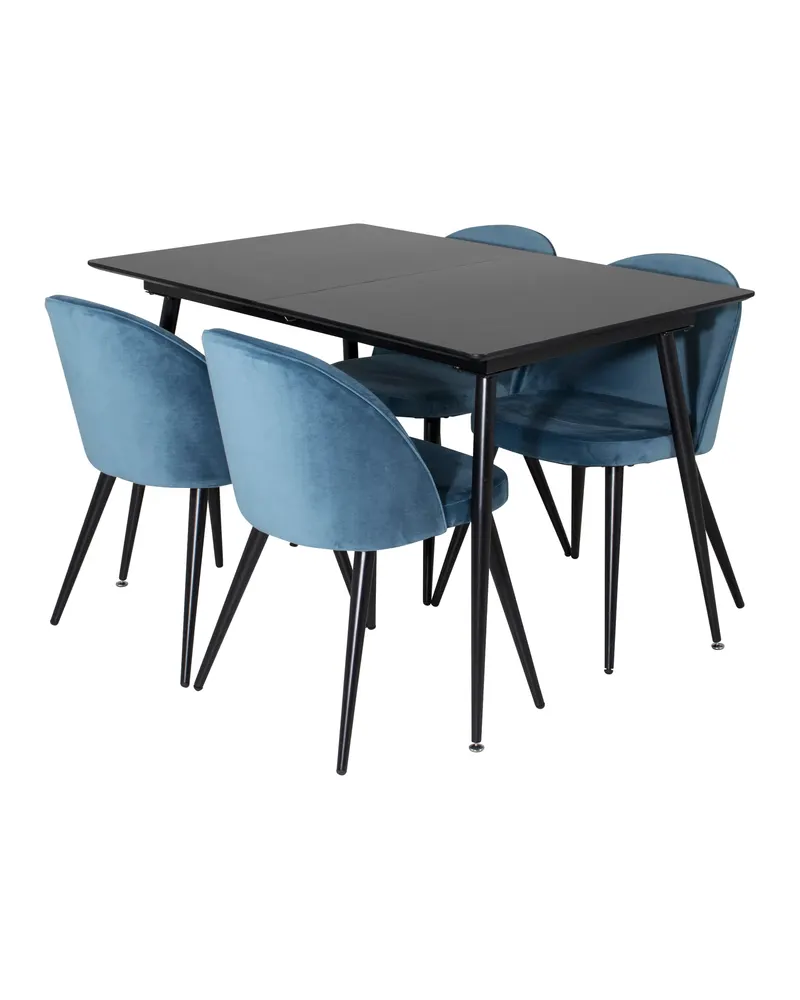 Silar & Velvet Essgruppe mit rechteckigem Esstisch und 4 Samtstühlen in Blau, Gestell Schwarz, Ansicht 2