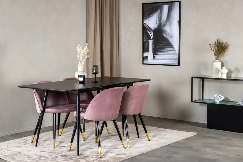 Silar & Velvet Essgruppe mit rechteckigem Esstisch und 4 Samtstühlen in Altrosa, Gestell Schwarz, im Wohnraum, Ansicht 2