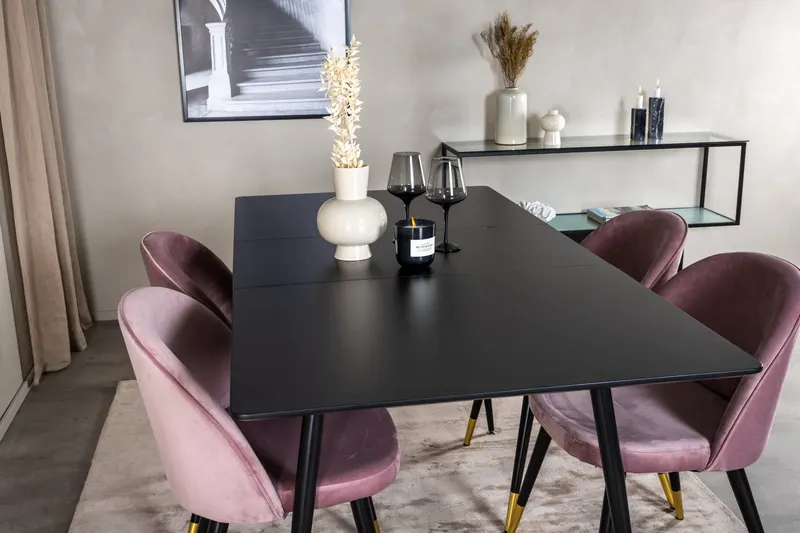 Silar & Velvet Essgruppe mit rechteckigem Esstisch und 4 Samtstühlen in Altrosa, Gestell Schwarz, im Wohnraum, Ansicht 4