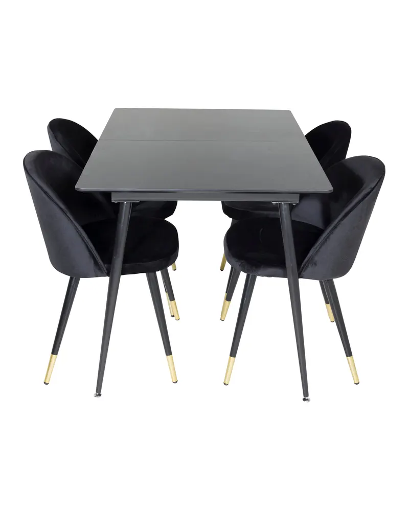 Silar & Velvet Essgruppe mit rechteckigem Esstisch und 4 Samtstühlen in Schwarz, Ansicht 1