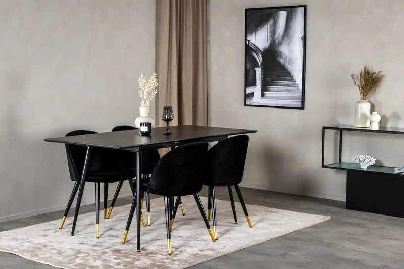 Silar & Velvet Essgruppe mit rechteckigem Esstisch und 4 Samtstühlen in Schwarz, im Wohnraum, Ansicht 2