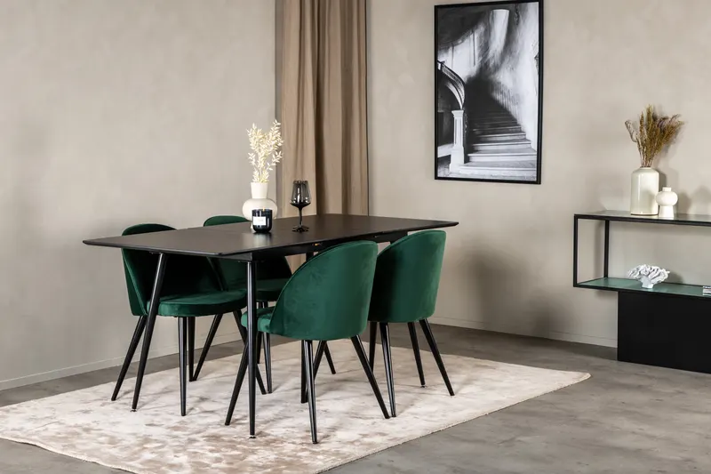 Silar & Velvet Essgruppe mit rechteckigem Esstisch und 4 Samtstühlen in Grün, Gestell Schwarz, im Wohnraum, Ansicht 2