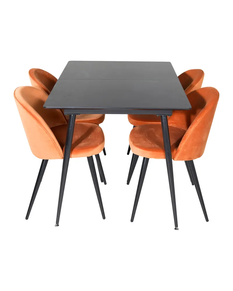 Silar & Velvet Essgruppe mit rechteckigem Esstisch und 4 Samtstühlen in Rostorange, Gestell Schwarz, Ansicht 1