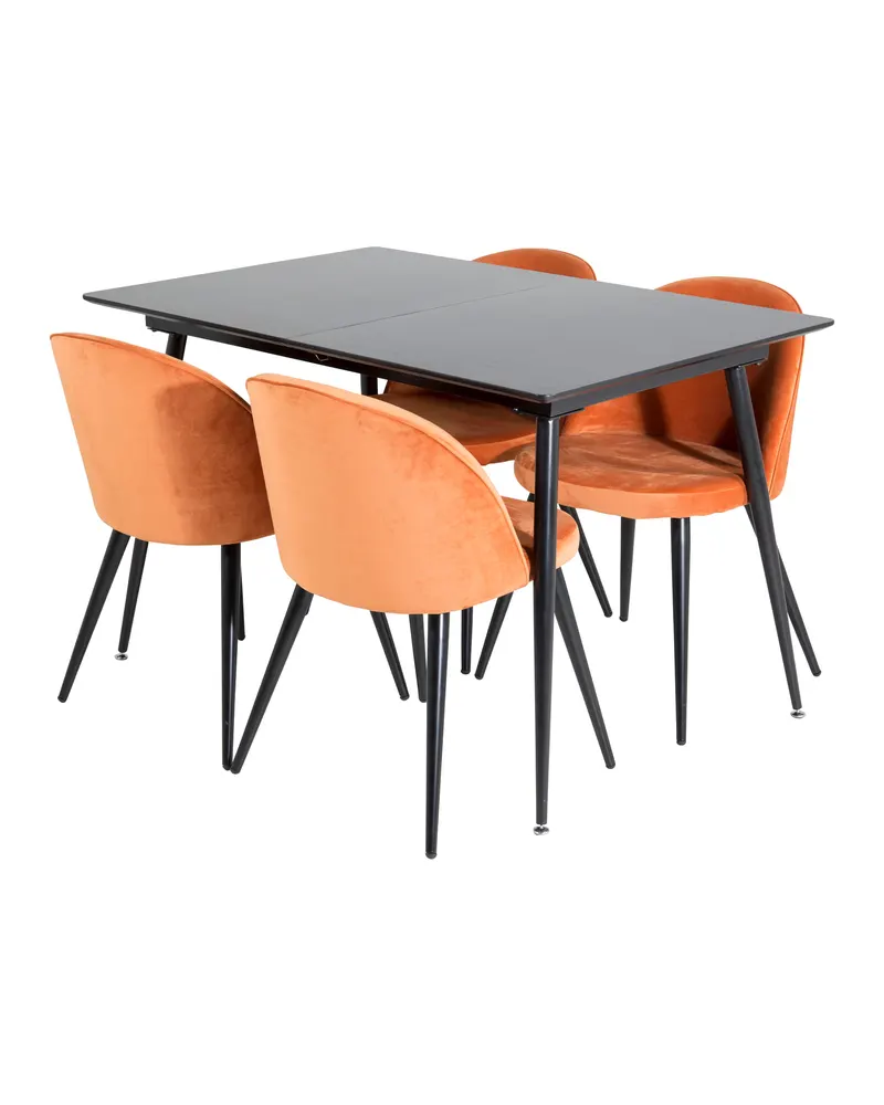 Silar & Velvet Essgruppe mit rechteckigem Esstisch und 4 Samtstühlen in Rostorange, Gestell Schwarz, Ansicht 2