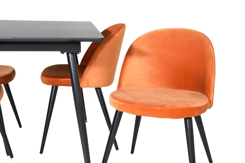 Silar & Velvet Essgruppe mit rechteckigem Esstisch und 4 Samtstühlen in Rostorange, Gestell Schwarz, Ansicht 3