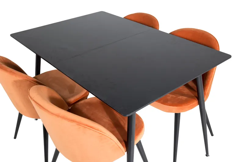 Silar & Velvet Essgruppe mit rechteckigem Esstisch und 4 Samtstühlen in Rostorange, Gestell Schwarz, Ansicht 4