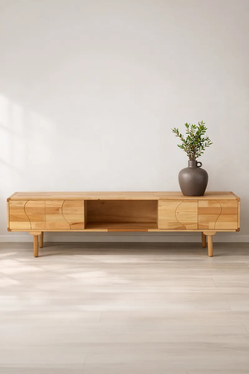 Skärhamn Sideboard aus Kautschukholz in 45 × 200 × 55 cm, im Wohnraum, Ansicht 1