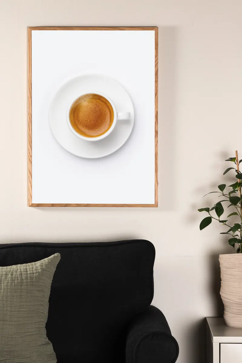 Skimmed coffee Poster mit Kaffeetasse von oben in 100 × 70 cm, im Wohnraum, Ansicht 1