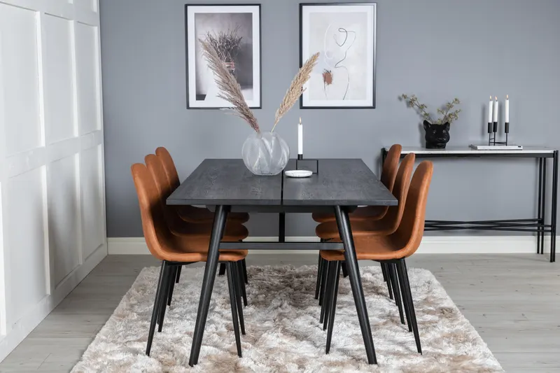 Sleek & Polar Essgruppe mit rechteckigem Esstisch und 6 Polsterstühlen in Braun, Gestell Schwarz, im Wohnraum, Ansicht 1