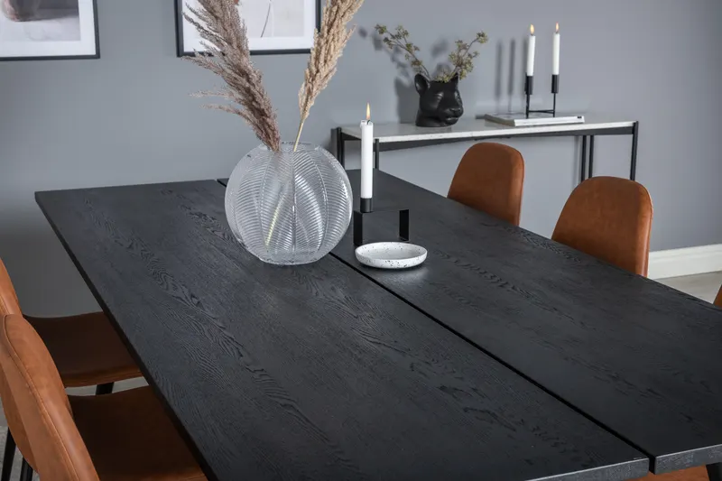 Sleek & Polar Essgruppe mit rechteckigem Esstisch und 6 Polsterstühlen in Braun, Gestell Schwarz, im Wohnraum, Ansicht 4