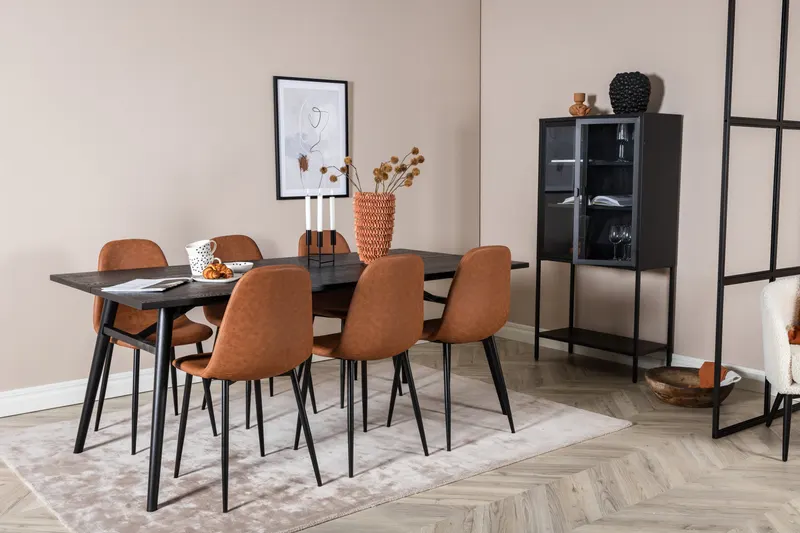 Sleek & Polar Essgruppe mit rechteckigem Esstisch und 6 Polsterstühlen in Braun, Gestell Schwarz, im Wohnraum, Ansicht 5