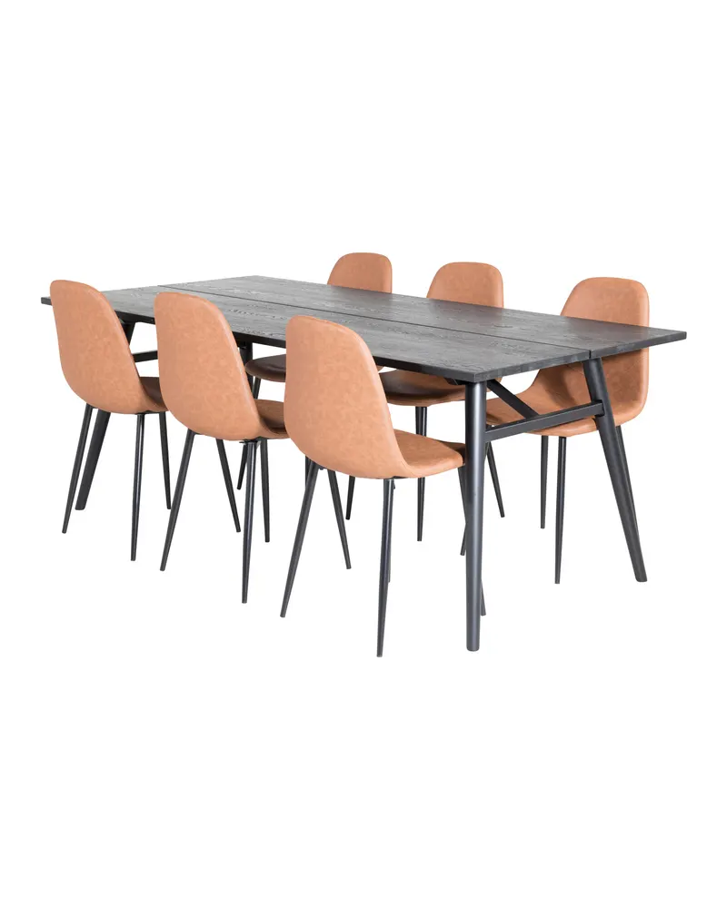 Sleek & Polar Essgruppe mit rechteckigem Esstisch und 6 Polsterstühlen in Braun, Gestell Schwarz, Ansicht 2