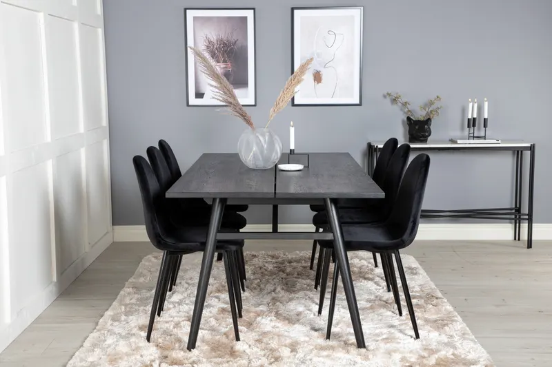Sleek & Polar Essgruppe mit rechteckigem Esstisch und 6 Polsterstühlen in Schwarz, im Wohnraum, Ansicht 1