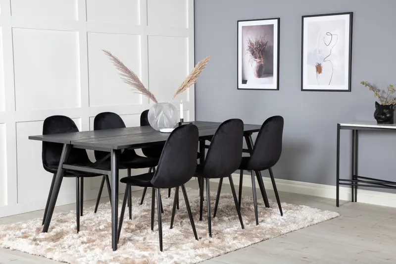 Sleek & Polar Essgruppe mit rechteckigem Esstisch und 6 Polsterstühlen in Schwarz, im Wohnraum, Ansicht 2