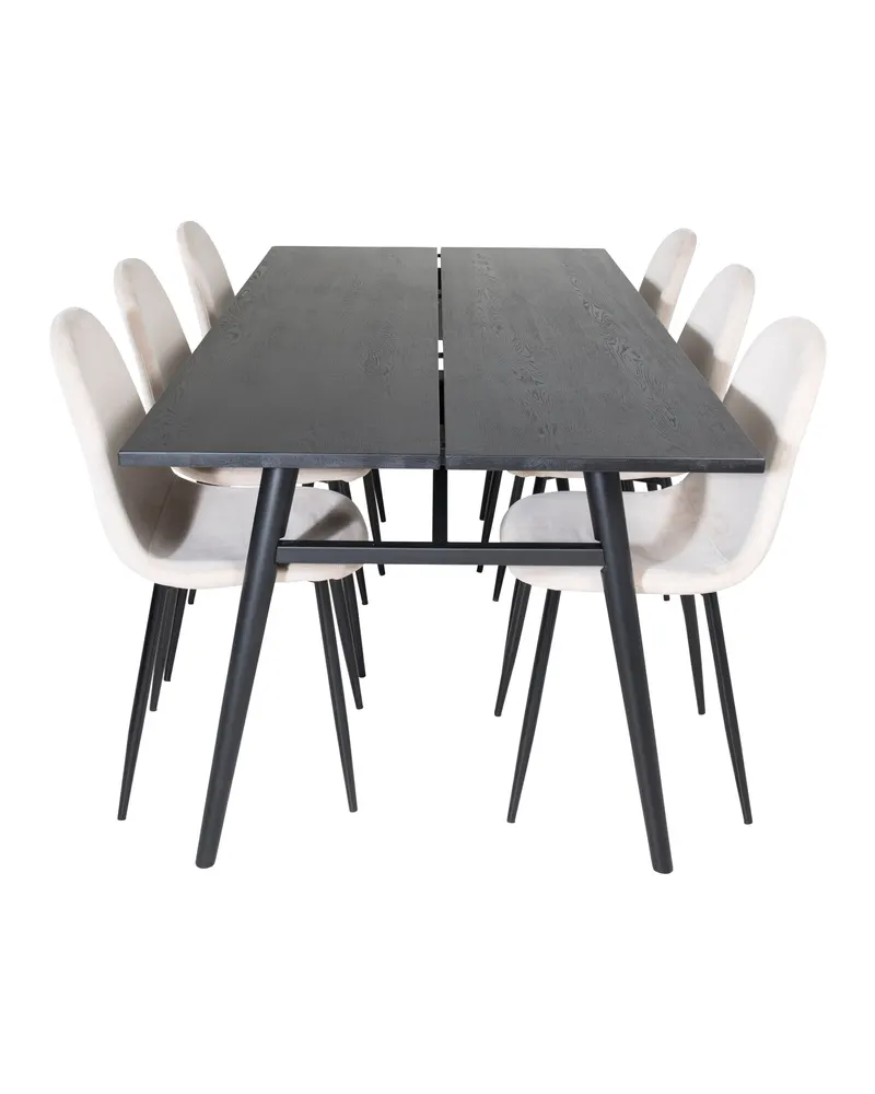 Sleek & Polar Essgruppe mit rechteckigem Esstisch und 6 Polsterstühlen in Beige, Gestell Schwarz, Ansicht 1