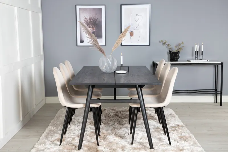 Sleek & Polar Essgruppe mit rechteckigem Esstisch und 6 Polsterstühlen in Beige, Gestell Schwarz, im Wohnraum, Ansicht 1