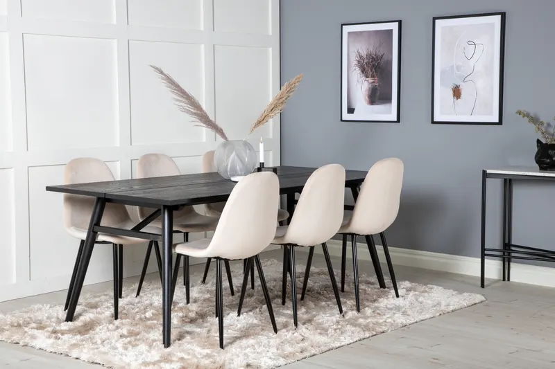 Sleek & Polar Essgruppe mit rechteckigem Esstisch und 6 Polsterstühlen in Beige, Gestell Schwarz, im Wohnraum, Ansicht 2