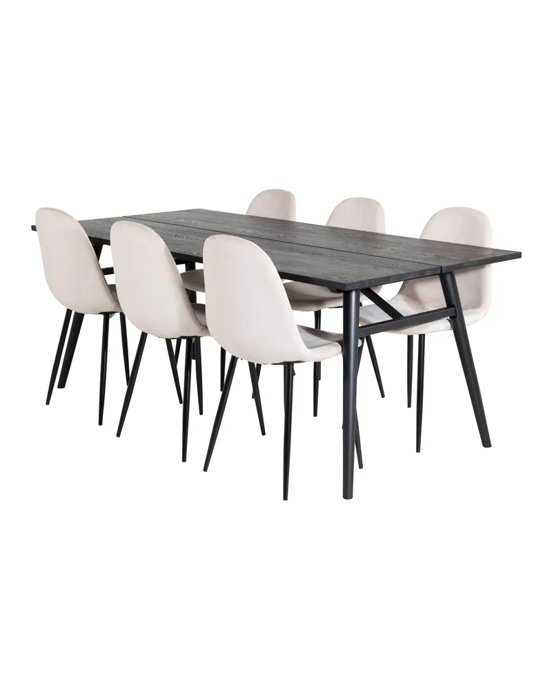 Sleek & Polar Essgruppe mit rechteckigem Esstisch und 6 Polsterstühlen in Beige, Gestell Schwarz, Ansicht 2