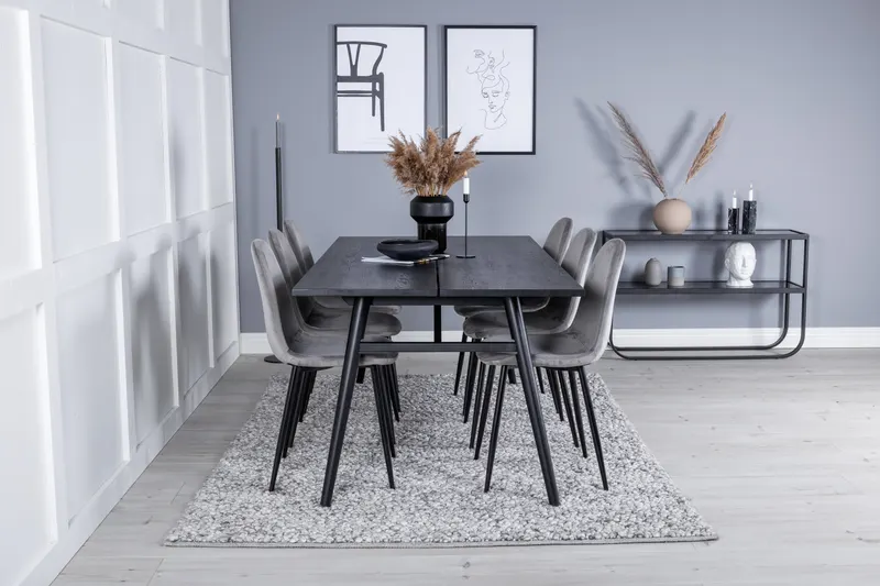 Sleek & Polar Essgruppe mit rechteckigem Esstisch und 6 Polsterstühlen in Grau, Gestell Schwarz, im Wohnraum, Ansicht 1