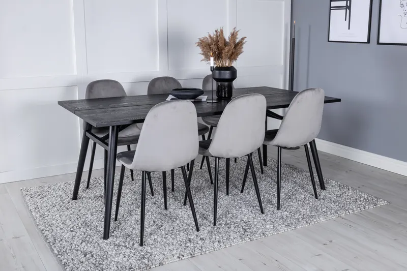 Sleek & Polar Essgruppe mit rechteckigem Esstisch und 6 Polsterstühlen in Grau, Gestell Schwarz, im Wohnraum, Ansicht 2