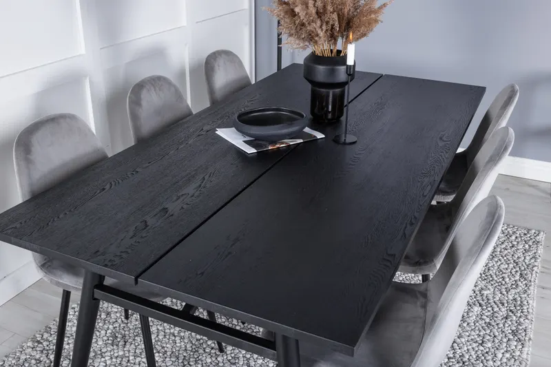 Sleek & Polar Essgruppe mit rechteckigem Esstisch und 6 Polsterstühlen in Grau, Gestell Schwarz, im Wohnraum, Ansicht 4