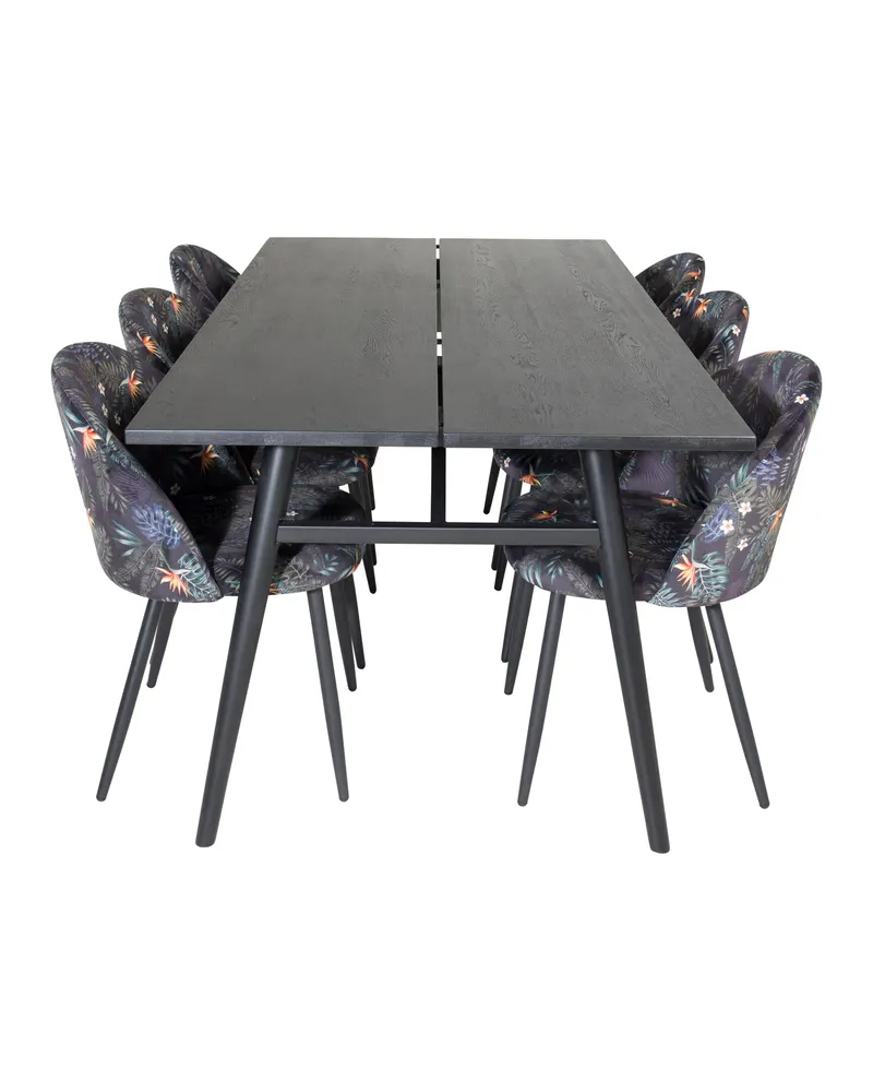Sleek & Velvet Essgruppe mit rechteckigem Esstisch und 6 Polsterstühlen in Schwarz mit Blumenmuster, Gestell Schwarz, Ansicht 1