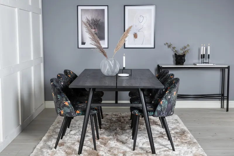 Sleek & Velvet Essgruppe mit rechteckigem Esstisch und 6 Polsterstühlen in Schwarz mit Blumenmuster, Gestell Schwarz, im Wohnraum, Ansicht 1